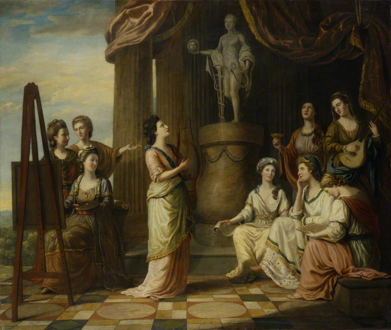 Most of the women portrayed as young Greek Muses in this group portrait by Richard Samuel were Bluestockings. Singer Elizabeth Ann Sheridan is in the centre. Artist Angelica Kauffman sits at the easel with writer/poet Elizabeth Carter and poet Anna Letitia Barbauld behind her. The five at right are (L-R) historian Catharine Macaulay, hostess & literary critic Elizabeth Montagu, and writer Elizabeth Griffith (all seated), and standing behind them, writers Hannah More and Charlotte Lennox. Some were much older than shown by the time the picture was exhibited in 1779. (Montagu was 61.)
