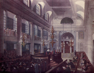 Rowlandson and Pugin, The Great Synagogue, 1809. Image via Wikimedia Commons.