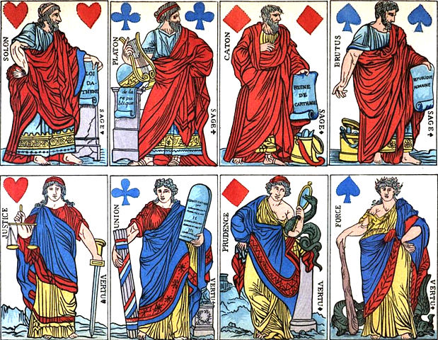 Deck of Revolutionary cards, depicting great men (Solo, Plato, Cato, and Brutus) and the cardinal virtues. Image via Wikimedia Commons.