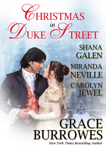 Cover of Christmas in Duke Street: showing a Regency man and woman against a snowy background, a distant fancy house and distant Christmas tree covered with snow.