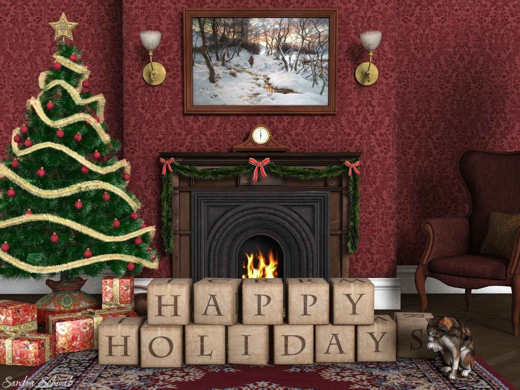 Happy Holidays-illustration of decorated tree, fireplace, blocks spelling out Happy Holidays