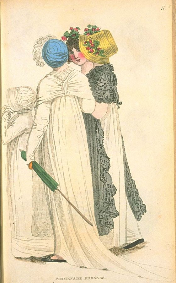 Three Regency ladies walking close together. All very stylish and chatty looking.