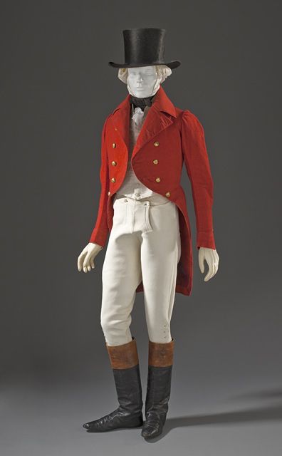 A gentleman's hunting costume with red coat white breeches and top boots.