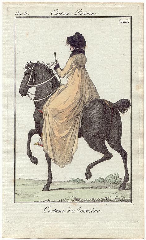 Regency lady seen from the back, on a black horse. She's totally spiffy looking.