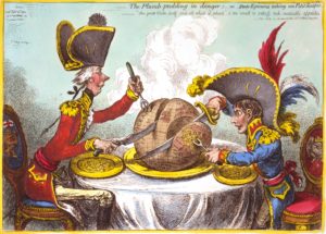 The Plumb-pudding in danger, or, State epicures taking un petit souper. Gillray 1805