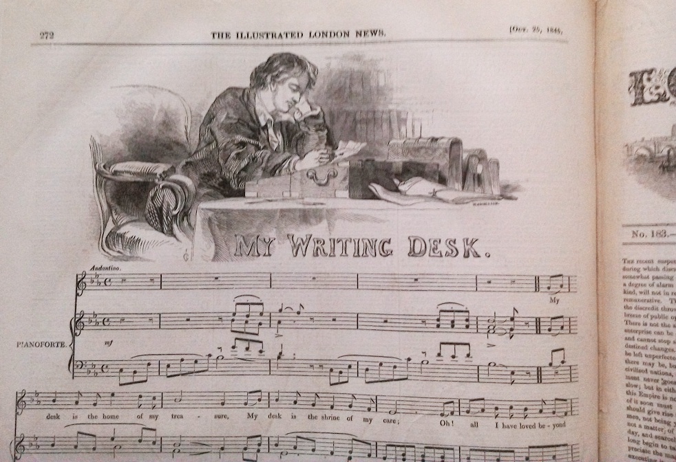 a few lines of music with an illustration of a man sitting at a desk, his head on his hand, while he contemplates old letters