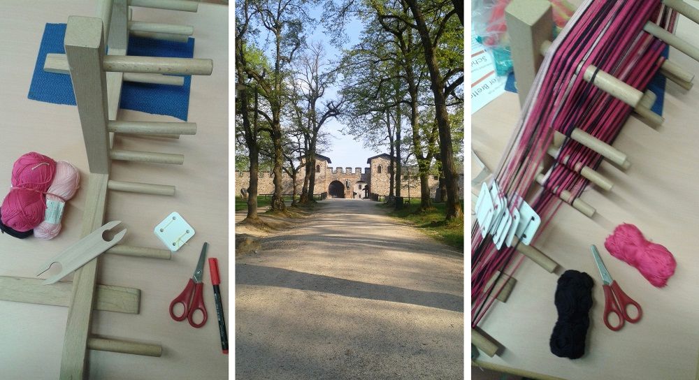 A collage of three pictures: one showing the empty loom with the balls of cotton thread lying next to it. The second showing the main gate of the Saalburg, a reconstructed Roman auxiliary fort. The third showing the loom with the warp threads running through the holes in the tablets.