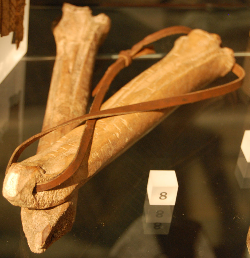 Photo of bones with leather ties (for attaching to feet) threaded through drilled holes on the ends.