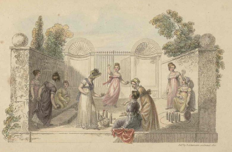 A group of young ladies in Regency era gowns play at ninepins and bowling in an outdoor court enclosed by walls with a wide double gate behind them.