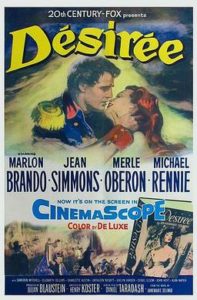 Colorful old movie poster (1954) advertising the film "Desiree" starring Marlon Brando and Jean Simmons (also with Merle Oberon and Michael Rennie)